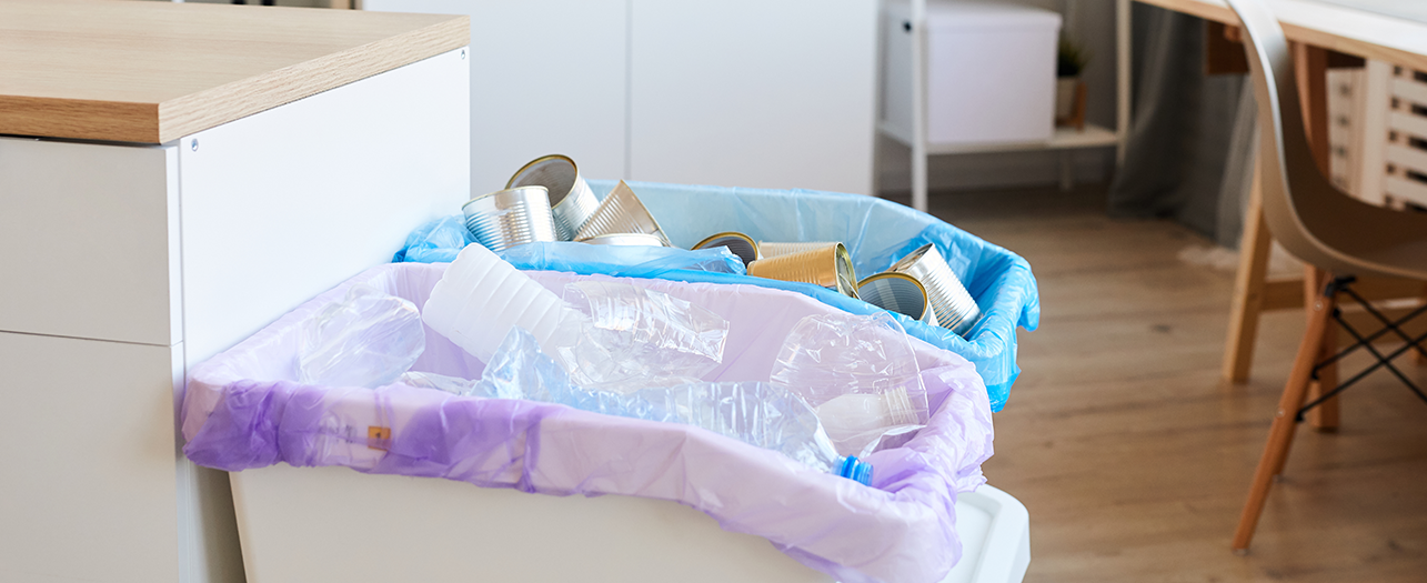 Kitchen with segregated waste bins for plastic and metal recycling Kitchen with segregated waste bins for plastic and metal recycling